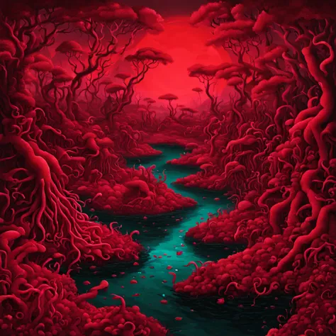 A jungle made of crimson coral under a crimson moon in which crimson critters live and hunt, in surrealism art style