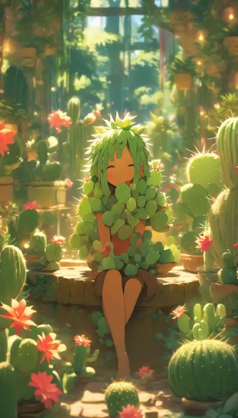 (masterpiece, best quality), anthropomorphic cactus girl, beautiful, resting on a flower pot, roaming the magical rainforest, lush vegetations, natural lighting