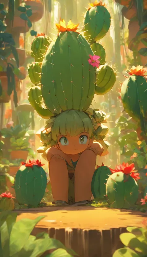 (masterpiece, best quality), anthropomorphic cactus girl, beautiful, resting on a flower pot, roaming the magical rainforest, lush vegetations, natural lighting