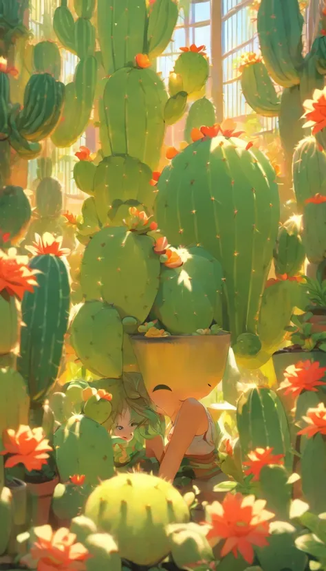 (masterpiece, best quality), anthropomorphic cactus girl, beautiful, resting on a flower pot, greenhouse, lush vegetations, natural lighting