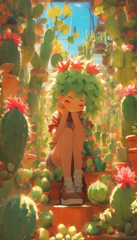 (masterpiece, best quality), anthropomorphic cactus girl, beautiful, resting on a flower pot, greenhouse, lush vegetations, natural lighting