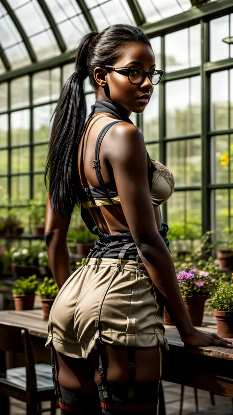 (rear angle:1.275), masterpiece, highest quality, high resolution, extreme detail, 1 woman, 23 year old female with dark skin bent over a table, chest on table, dark skin, large breasts, dark lips, eye liner, blushing cheeks, long black hair in 2 very larg...