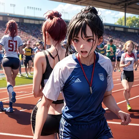 Coach&#39;s emotional scene, Wearing a red sports shirt and shorts, Located at the athletics stadium, Next to the girl trying to cross the finish line in an exciting race. the coach is at her feet, I looked at the girl approaching the finish line.. Arrival...