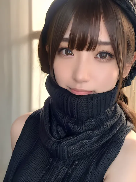 1 japanese girl,(Black sweater:1.4),(She wears a knitted snood around her neck to hide her chin........:1.5), (Raw photo, Best Quality), (Realistic, Photorealsitic:1.4), masutepiece, extremely delicate and beautiful, Extremely detailed, 8k wallpaper, amazi...