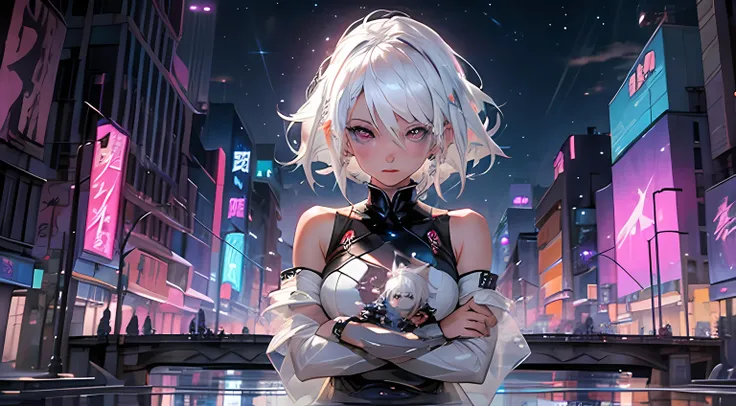 girl in the night city anime, white hair, looking at the camera and pose, there is elvyx text in the city, there is fireworks at the sky