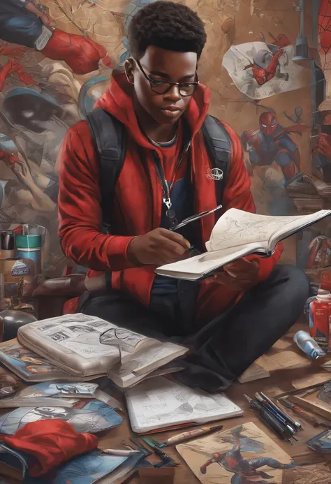 An image of Miles sketching a new mural design in his notebook, surrounded by art supplies and reference photos.,Marvel Comics,Miles Morales, the dynamic character from the “Spider-Man” universe, is a young, black athletic teenager with a lean build, often...