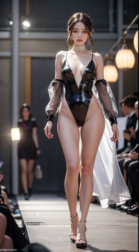 8k, best quality, highres, realistic, real person,  A dynamic scene of a female model walking confidently down a runway, surrounded by a large audience under bright lights. The model is elegantly dressed in a high-fashion outfit, with the spotlight focused...