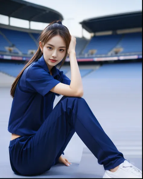 (bestquality,10,10,highres,masterpiece:1.2),ultra-detail,(Realistic,photorealistic portrait,photo-realistic:1.37),1 cute girl sitting on the football field,oily shiny skin,bara,light smile,BDclothes,((blue shirt:1.3)),short sleeves,shirt, trousers.,(navy_l...