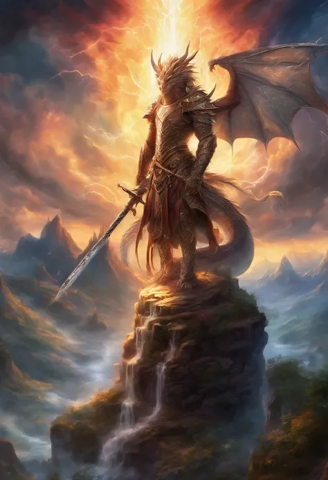 (Masterpiece, High Quality, HD, Detail: 1.3)A divine sword was inserted in the stone, engraved with ancient runes, emitting light and lightning, and the sword was wrapped around the dragons body, with the shadow of a dragon. Surrounded by mountains, thunde...