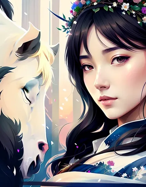 there is a woman with a flower crown on her head, Galloping on a white horse， Guweiz style artwork, A beautiful artistic illustration, Beautiful digital artwork, Beautiful digital illustrations, Alice X. zhang, Belle peinture de personnage, gorgeous digita...