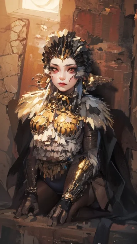 woman with white makeup and feathered headdress sitting on a ledge, sphinx woman, sphinx, young harpy-girl, inka sphinx girl, female humanoid creature, hyperdetailed fantasy character, wearing intricate fur armor, humanized, female face, award winning, 4k,...