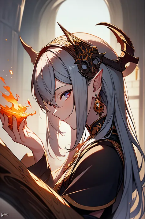 Best Quality,masutepiece,Masterpiece Portrait,Intricate details,Epic Light,Fantasy,Dungeons & dragons,Retro,Priest,Dark Elves,1girl in,Wooden table,izakaya,Gray skin,Elegant smile,Squint,Close up portrait of Mycenaean woman Drow wearing golden jewelry, ara...