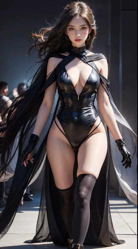 nsfw, 8k, best quality, highres, realistic, real person, A captivating image showcasing a female model in a stunning and edgy outfit, walking down the runway with a commanding presence. She exudes a mix of elegance and boldness, her outfit a masterpiece of...