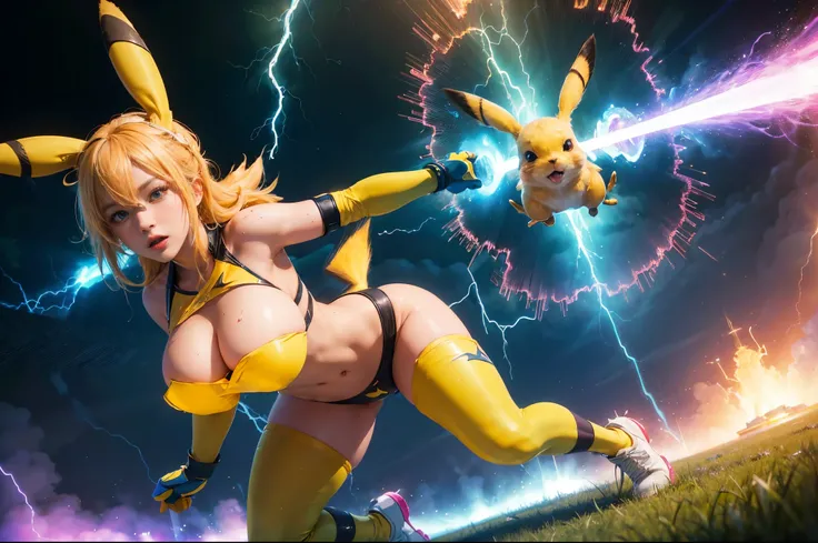 generate a female pikachu with sexy body, big breast, lightning background, thunder background, pika pika, full body picture, pretty makeup, ((low angle camera)), ((looking to the side)), hyperdetail, masterpiece, best quality:1.2),(8k,highres,RAW photo,re...