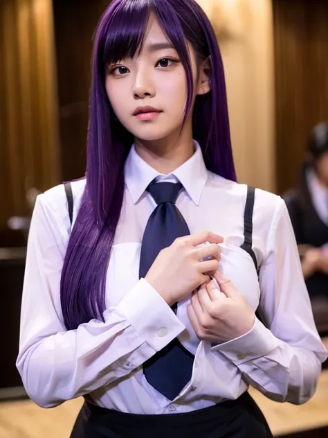 1girls, bara, bangs, Blush, Hands on their own chest., Jill Stingray, long sleeve, looking at the audience, purple hair, mediuml breasts, necktie, shirt, bara, Upper body, vest,  barman, vest, White shirt,