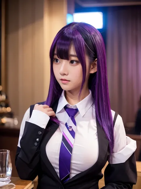 1girls, bara, bangs, Blush, Hands on their own chest., Jill Stingray, long sleeve, looking at the audience, purple hair, mediuml breasts, necktie, shirt, bara, Upper body, vest,  barman, vest, White shirt,