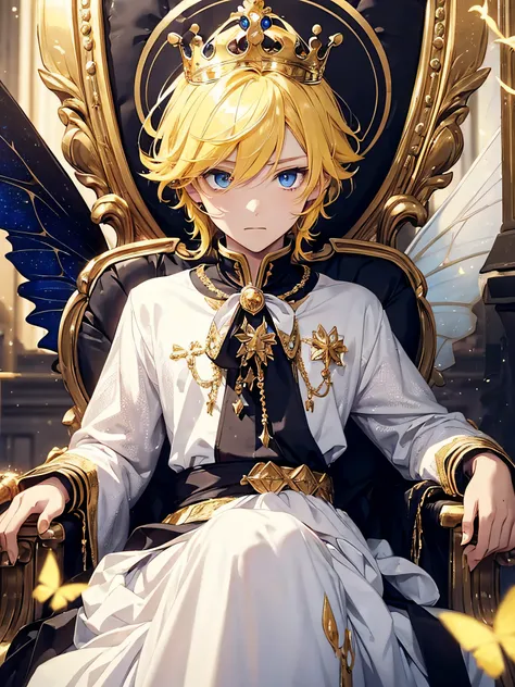 1boy, prince, crown, fairy with silver wings like butterfly, yellow hair, blue eyes, throne, kingdom, black and white magic, gold hue, magical, intimidating, colorful, high contrast, wide angle