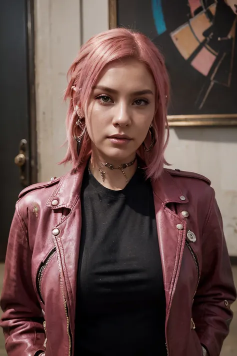 analog style, pink hair pop singer, oil painting portrait of a beautiful young punk mage woman in a leather jacket, very charismatic, symmetrical face, piercings, character illustration, sharp focus, art by wlop and greg rutkowski, pixiv, official art  com...