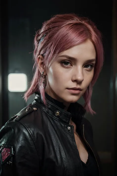 analog style, pink hair pop singer, oil painting portrait of a beautiful young punk mage woman in a leather jacket, very charismatic, symmetrical face, piercings, character illustration, sharp focus, art by wlop and greg rutkowski, pixiv, official art  com...