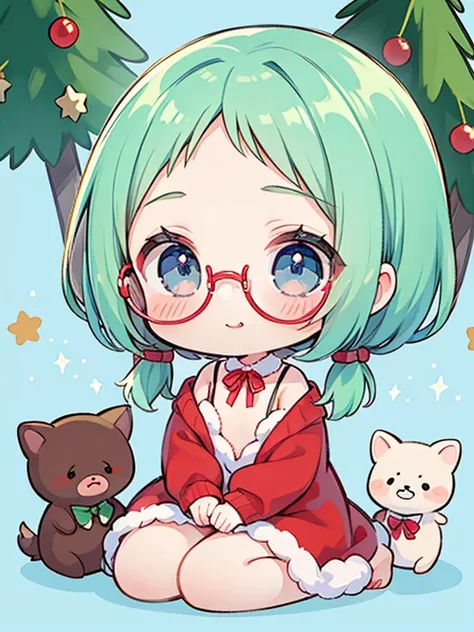 Chibichara little girl, smiles, (Very small breasts), (deep blue eyes), (Pale green hair, Short hair, forehead, Small pigtails), (red-half-rimed glasses),((Chibi Chara)), green and red costume with fluff, Warm, Christmas tree, Ribboned, knit sweater-in-che...