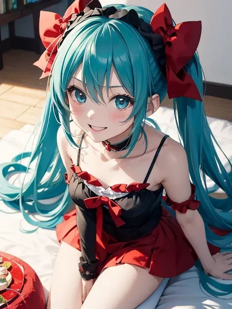 miku hatsune,10yaers old,red riding hood,Play party,A big smile