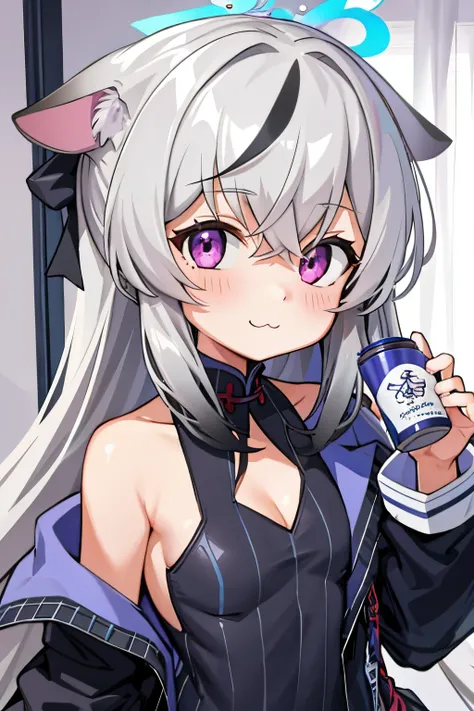 tmasterpiece， best qualtiy， ultra - detailed， 1girll，Gray hair Kokona， inside in room， Purple eye， ：3，the face， closeup cleavage