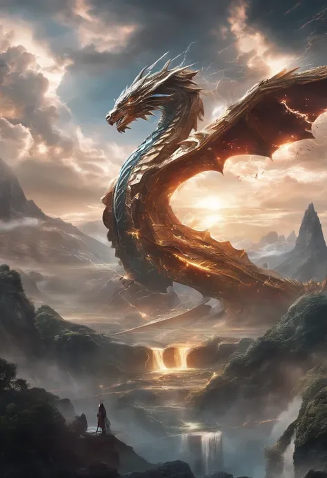 (Masterpiece, High Quality, HD, Detail: 1.3)A divine sword was inserted in the stone, engraved with ancient runes, emitting light and lightning, and the sword was wrapped around the dragons body, with the shadow of a dragon. Surrounded by mountains, thunde...