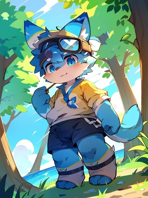 mammal, hairy pubic hair, male people, Alone, dressed in, Sun Visor,  夏天,eBlue eyes，Blue hair mixed with yellow hair，shota，adolable