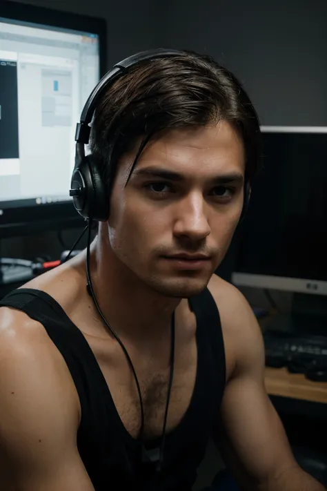 RAW photo high resolution, realistic, man photo Male graphic designer computer gamer, with headphones and short hair