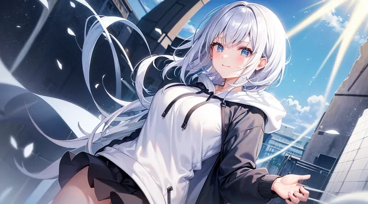 Ultra-high image quality,Look at viewers, hands behind back, girl with, 20 years old, Very short hair, long bangs between eyes, pale blue eyes, Hoodie, Skirt , Blue sky, Sunlight, Extremely detailed,(​masterpiece、top-quality)、独奏、White hair、A smile、White sk...