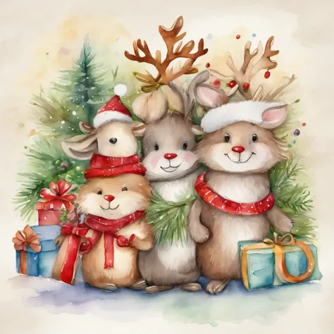 Christmas cute animals children Christmas illustration postcard style