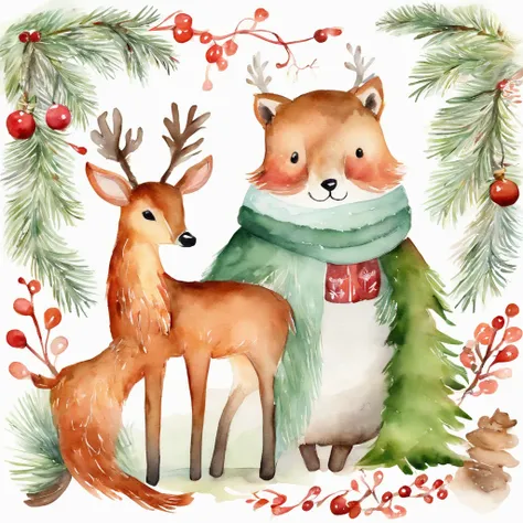 Christmas cute animals children Christmas illustration postcard style