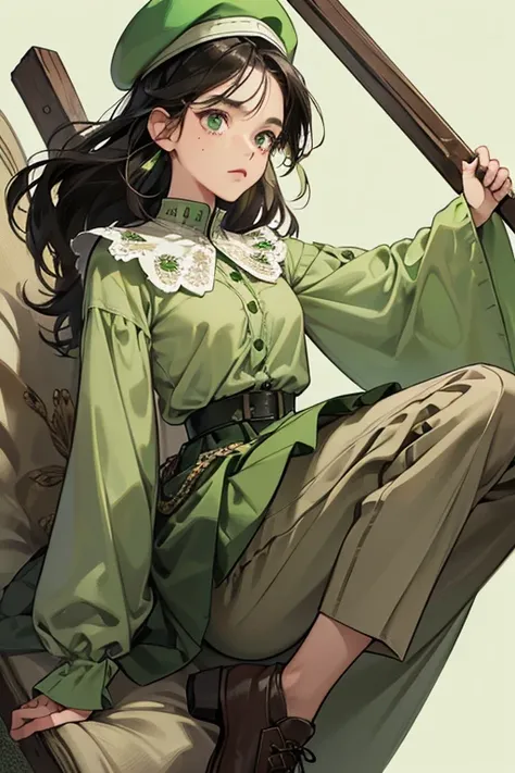 Amiria has tan skin, freckles below her eyes, and black hair. She wears a pale green blouse with a gray seed pattern and a light green collar, bottom trim, and sleeve ends, black pants, a brown beret that has a light green visor with stitches, and green an...