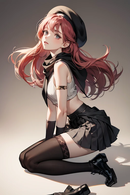 Amy has pale skin, wavy mid-back length maroon hair, and thin eyebrows. She wears a black beret, a gray and salmon groovy tank with black trim, and a silver scarf wrap. She also wears an orcein short shrug sweater, a black pleated skirt with black leggings...