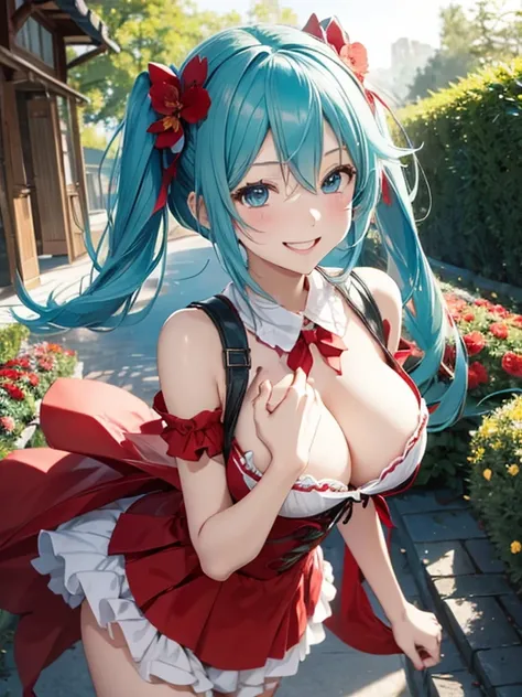 miku hatsune,10yaers old,red riding hood,Play party,A big smile,Flower garden,Beautiful breasts