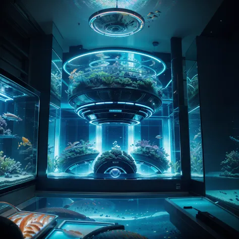 Wide angle shot of a Futuristic aquarium  full of different types of fish, lights in the aquarium shining a beautiful and vibrant light with iridescent light, cosmic art, cinematic scene, artgerm style, 32k, ultra HD, unreal engine rendered, hyper-realisti...