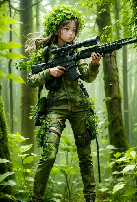 middle，(a girl made of fresh，Holding a sniper rifle made of plants and aiming at the target，Sniper rifle made from green plants，covered with green plants，plant high heels，Plant hair，plant skirt），blossoms，age-old tree，ln the forest，（globalillumination、Ray t...