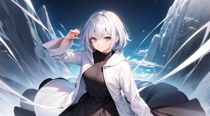 Ultra-high image quality,Look at viewers, hands behind back, girl with, 20 years old, Very short hair, long bangs between eyes, pale blue eyes, Hoodie, Skirt , Blue sky, Sunlight, Extremely detailed,(​masterpiece、top-quality)、独奏、White hair、A smile、White sk...