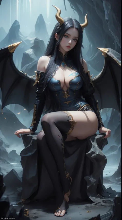 tmasterpiece，Highest image quality，Beautiful full body portrait of the noble dragon girl，Exquisite blue-black hairstyle，Clear golden eyes，Decorated with a series of dragon horns，White studded leather jacket，blackstockings，huge dragon wings，cave cave，Black ...