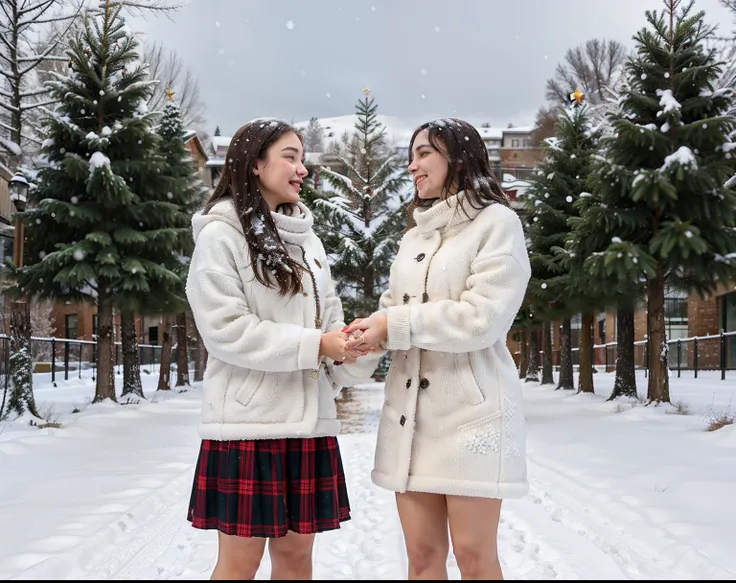 two women, mixed and white, standing in a snowy scene, wearing cozy winter clothes, holding hands with a beautifully decorated Christmas tree in the background, and perhaps some snowflakes falling gently around them.