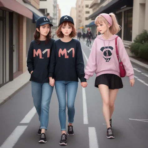 Two people walking around with one with an L on their corner on their clothes and the other in the other corner with an M on their clothes while holding hands