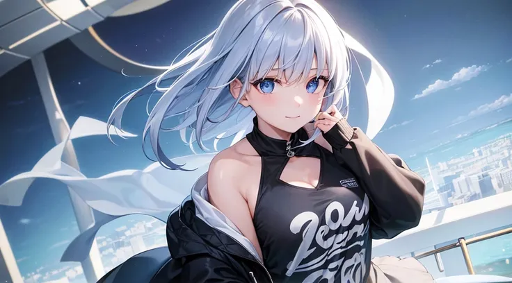 Ultra-high image quality,Look at viewers, hands behind back, girl with, 20 years old, Very short hair, long bangs between eyes, pale blue eyes, Hoodie, Skirt , Blue sky, Sunlight, Extremely detailed,(​masterpiece、top-quality)、独奏、White hair、A smile、White sk...