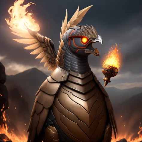 Um crovo misturado com uma fenix com uma armadura pegando fogo