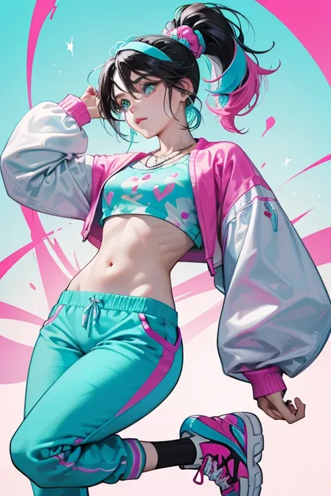 Mindy has light skin, sky blue eyeliner, and black hair tied back into a ponytail held by a pale cyan hairband, and with dyed rosy pink streaks. She wears a white necklace with fuchsia beads and a pale cyan thunder symbol in the middle, a fuchsia loose sle...