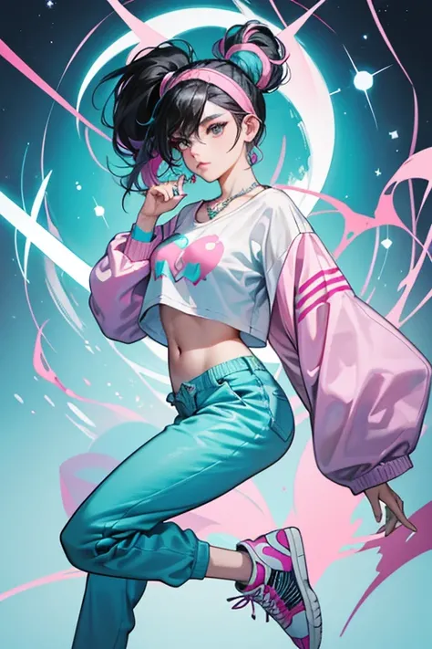 Mindy has light skin, sky blue eyeliner, and black hair tied back into a ponytail held by a pale cyan hairband, and with dyed rosy pink streaks. She wears a white necklace with fuchsia beads and a pale cyan thunder symbol in the middle, a fuchsia loose sle...