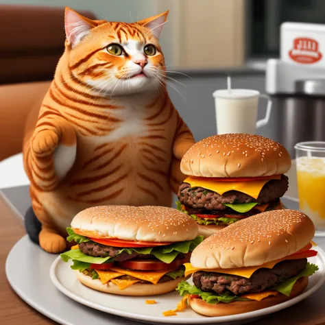 Fat orange cat eating a burger