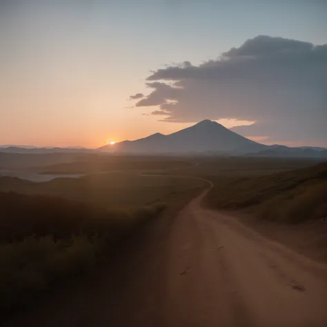 Alafed dirt road leading to a mountain，The background is sunset, Shot using sigma 2 0 mm f 1. 4, shot with a canon 20mm lens, a road to the lighthouse, Heading towards the sunset, mountains and sunset!!, The sun rises from between the two mountains, Shot w...