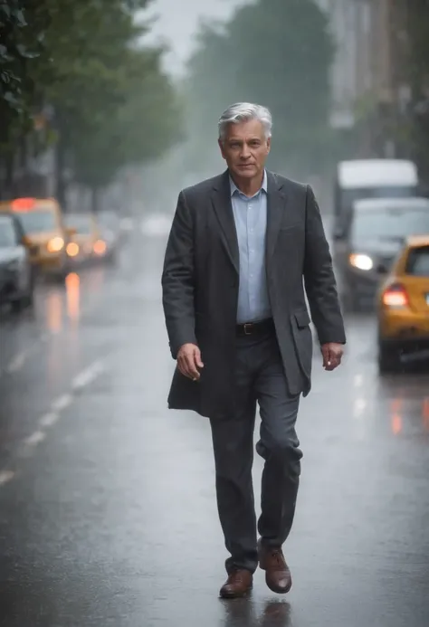 one business man walking on the road in the city, grey hair, morning rain