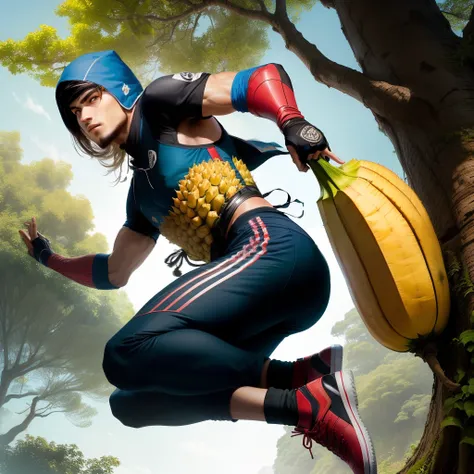 Hero in jackfruit outfit jumping between trees, um ninja com roupa de banana correndo e um inimigo venenoso