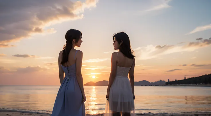 Back view of two friends，Stand together under the beautiful sunset